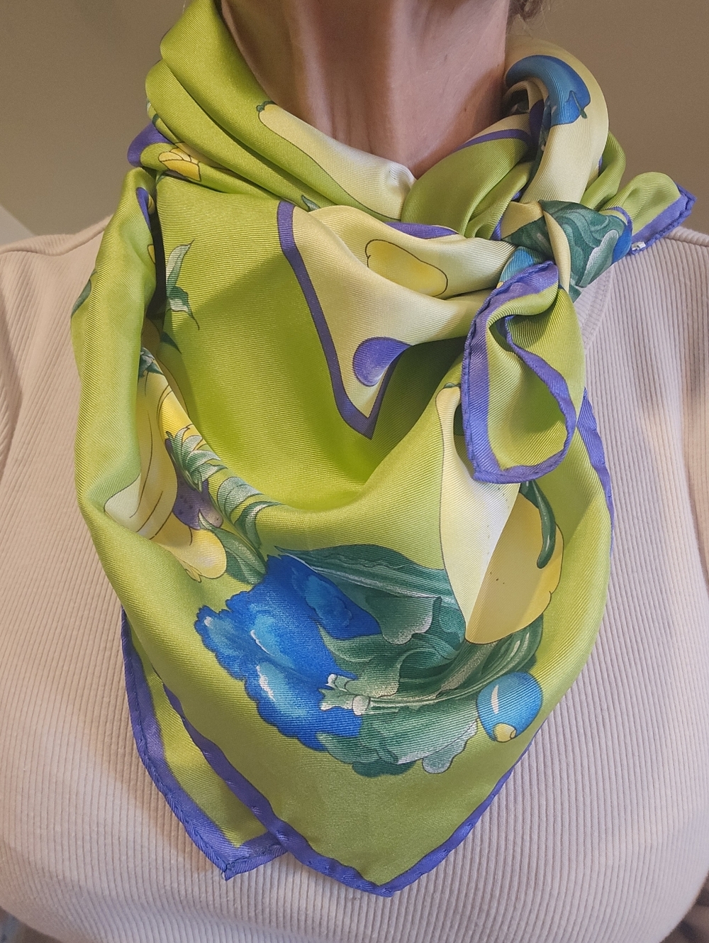 100% silk scarf, 34x34" Square, Lime Green & Purple Fruits/veggies